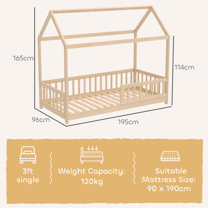 House-Shaped Kids Bed Frame with Guard Rails, Solid Pine Wood Single Bed Frame for Kids Boys and Girls, Natural