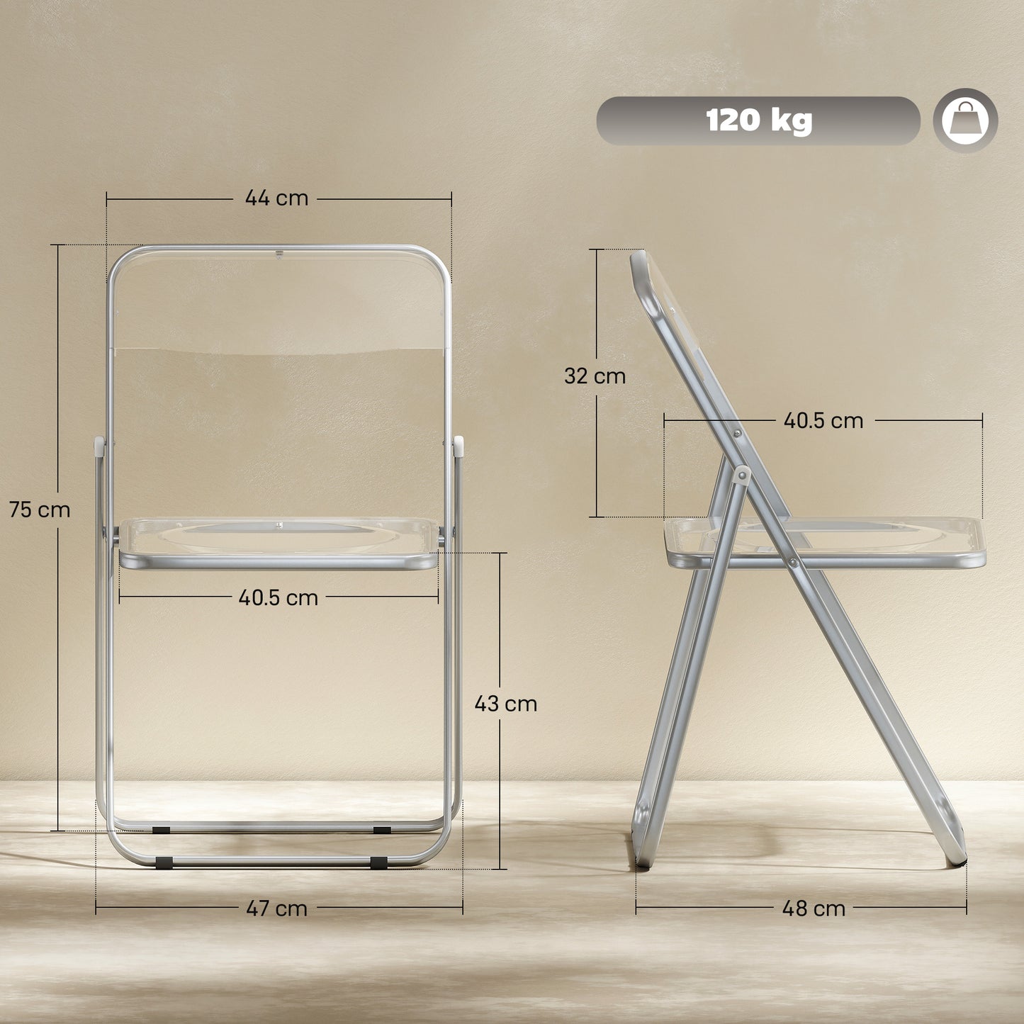 Foldable Chairs, Folding Chairs with Transparent Seat and Backrest, Heavy Duty Steel Frame, 47W x 48D x 75H cm, Clear