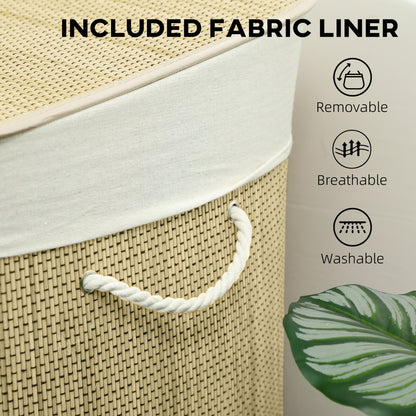 3 Section Laundry Basket with Lid, 144L Bamboo Laundry Hamper with Handles, Removable and Washable Liner, Cream White