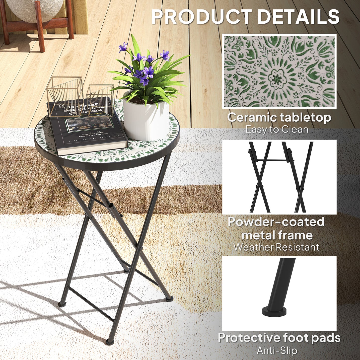 Mosaic Outdoor Garden Table, 35.5cm Round Folding Coffee Table with Metal Frame for Balcony Terrace, Green