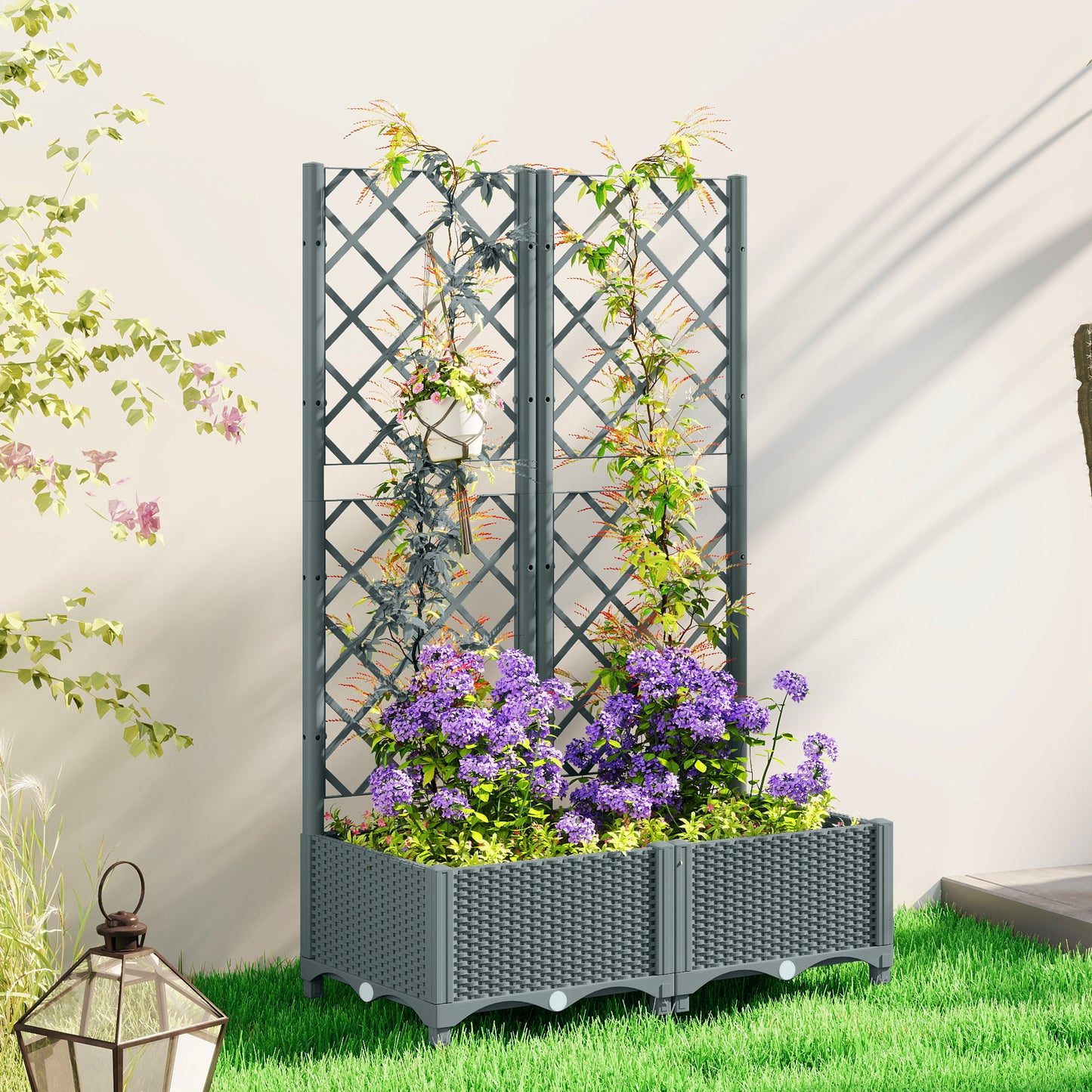 Raised Garden Bed with Trellis, Plastic Planter Box with Drainage Holes
