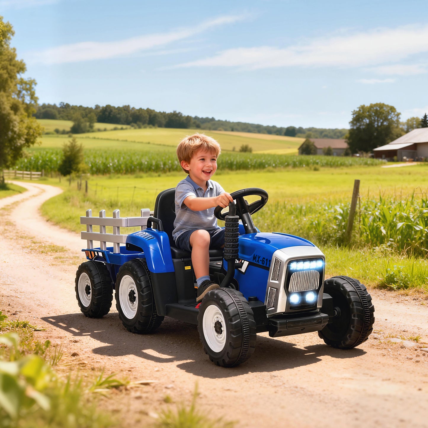 Ride On Tractor, Battery Powered Electric Car, with Detachable Trailer, Remote Control, Music, Blue
