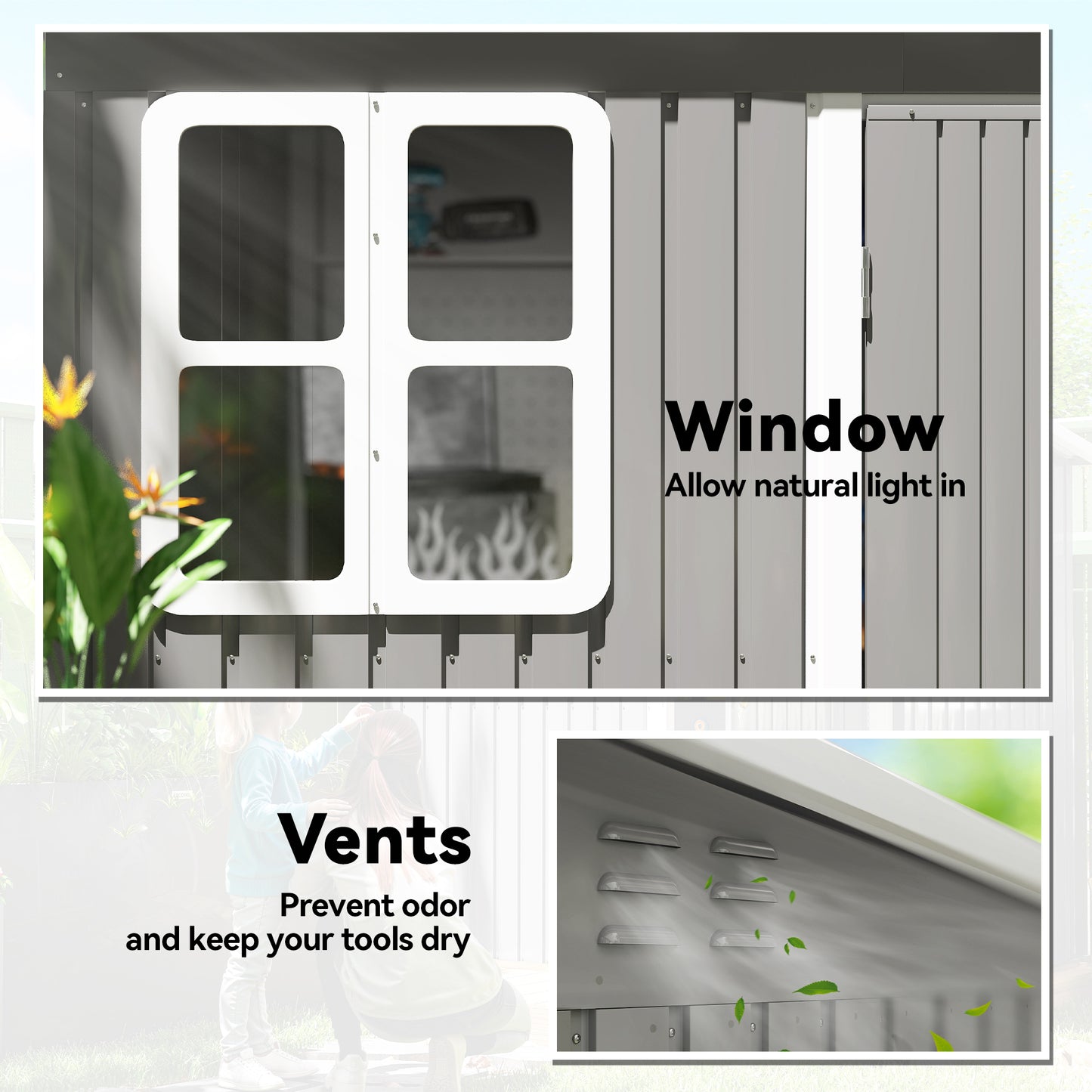 8.5 x 6ft Storage Shed Galvanised Steel Garden Shed, Metal Shed with Foundation Kit, Window