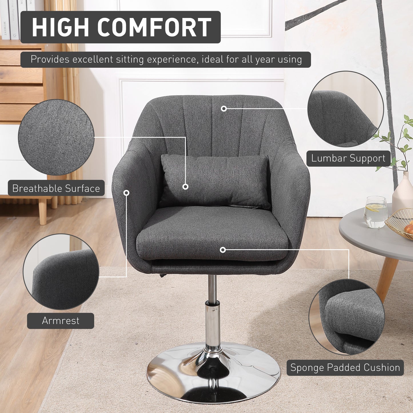 Swivel Accent Chair, Linen Fabric Tub Vanity Chair, Modern Armchair with Adjustable Height and Lumbar Support for Living Room