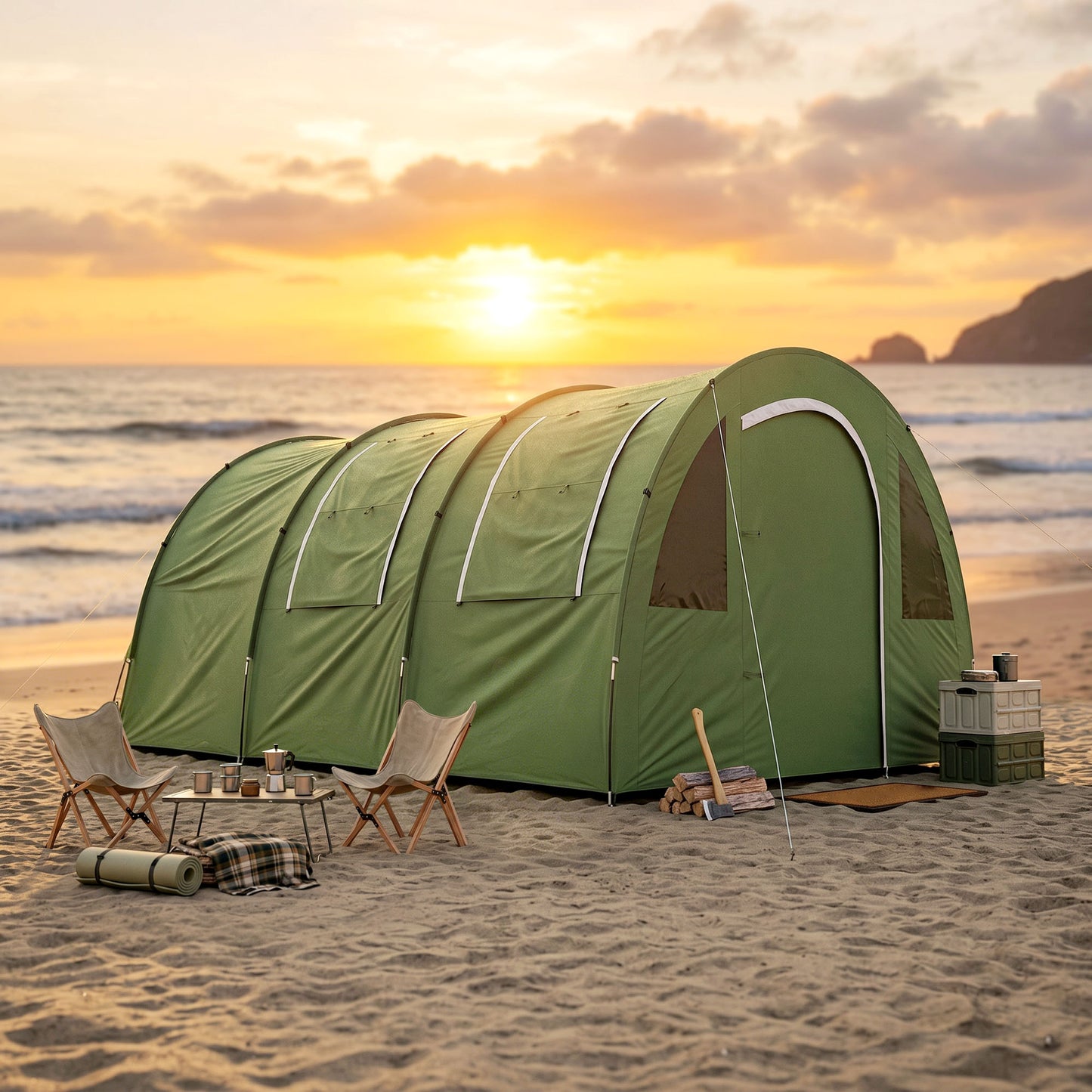 4 Man Camping Tent with 2 Room, Floor and Carry Bag - Green