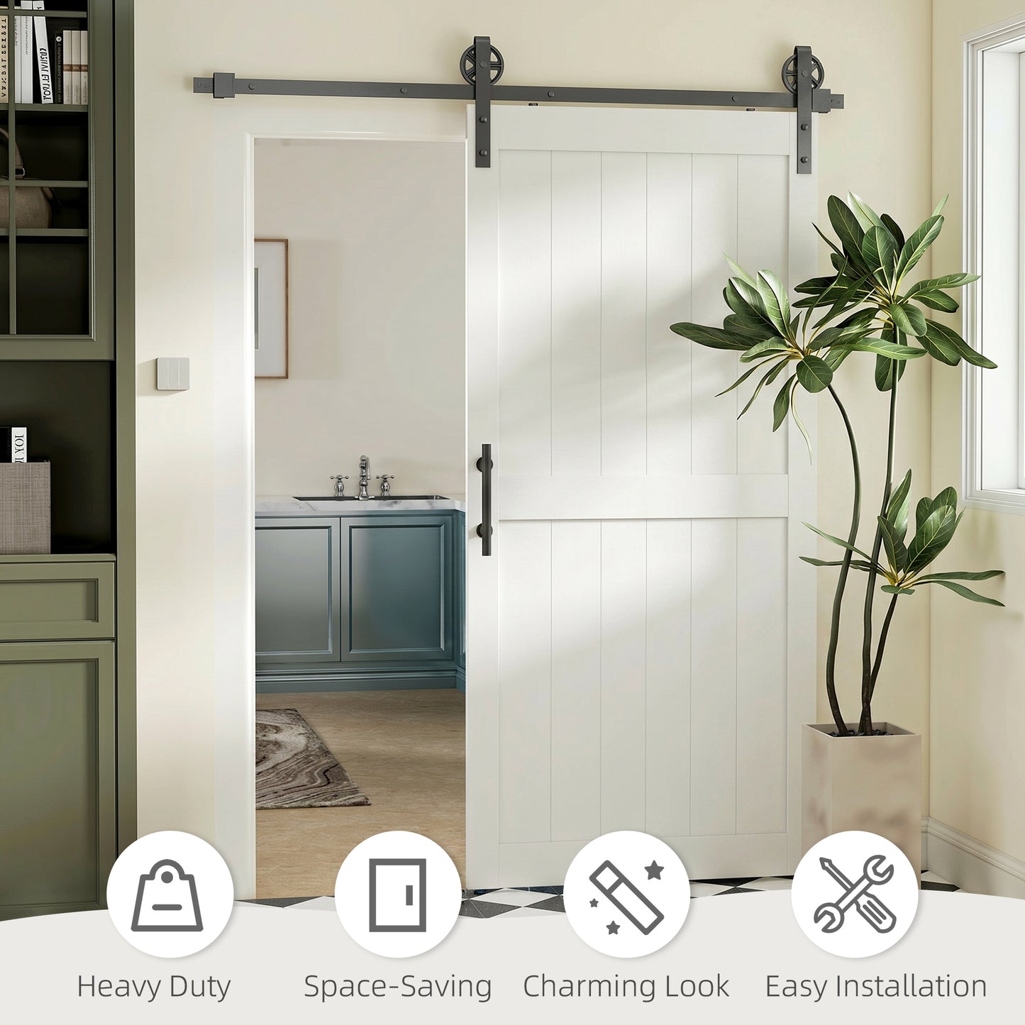 213.4cm Sliding Barn Door Kit, Sliding Door with Track, Hardware, Upgraded Rollers and Floor Guide, Handle, White