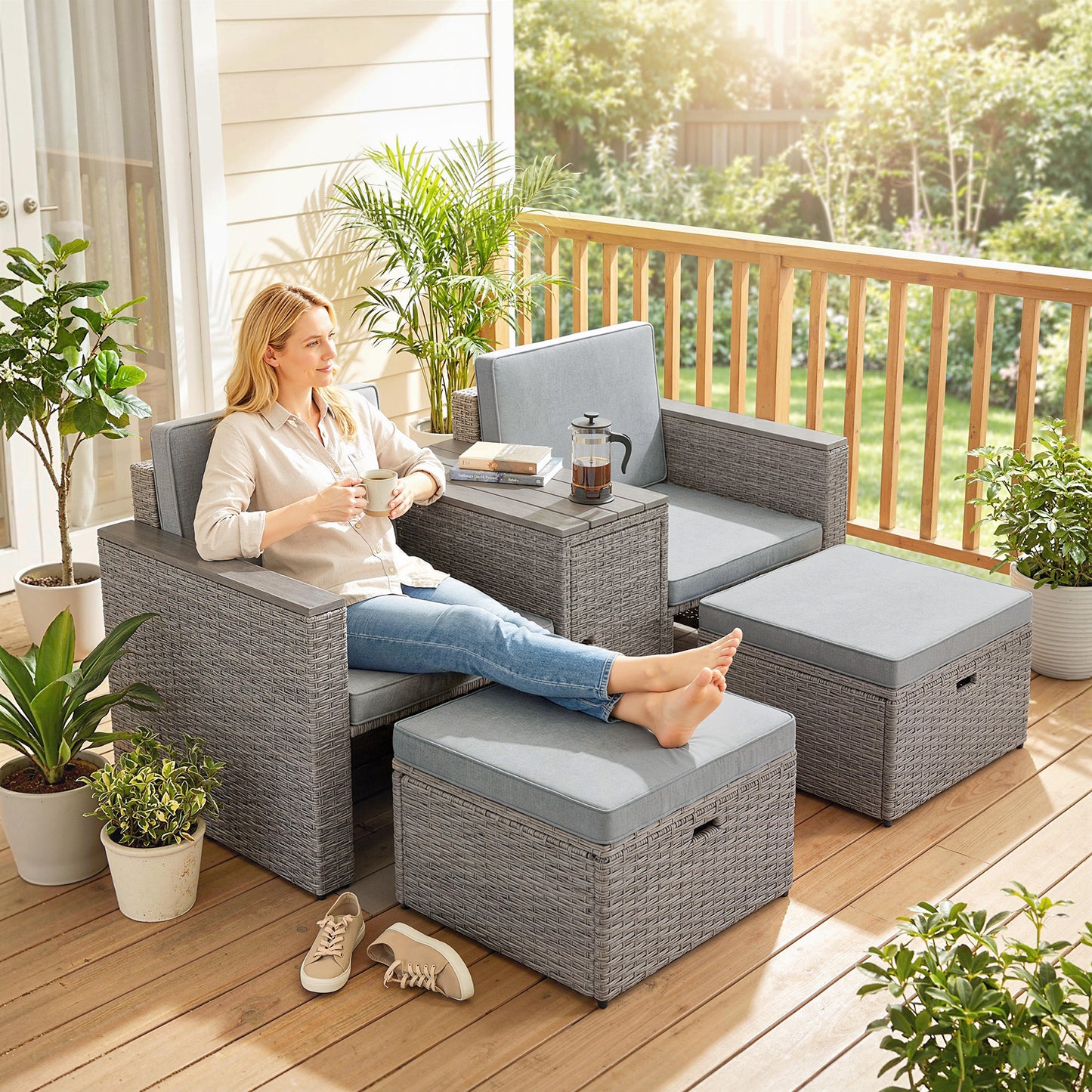 5 Piece Rattan Garden Furniture Set with Storage Table, Footstools, Cushions, Dark Grey