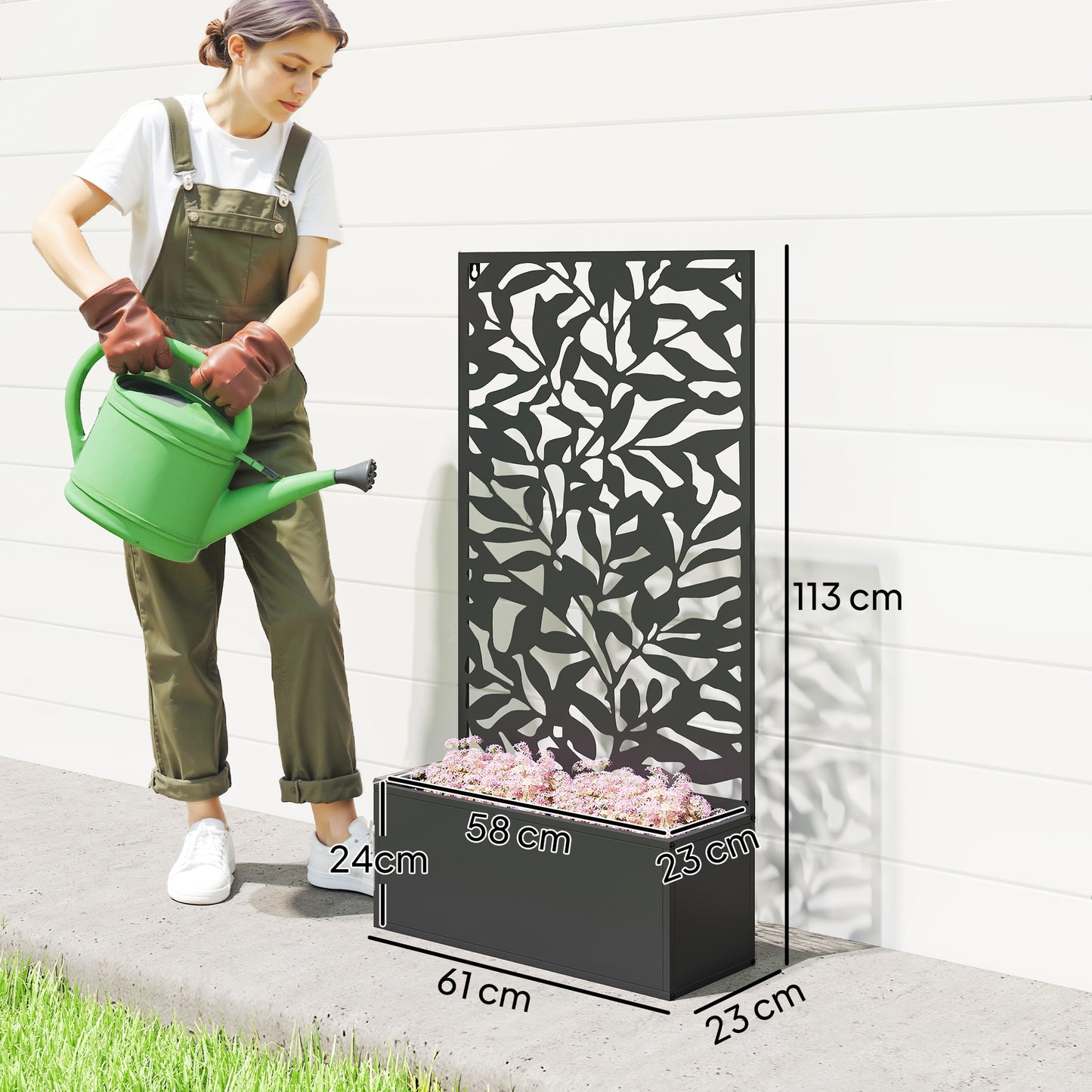 Metal Garden Bed with Trellis, Wall Mounted or Freestanding Raised Planter with Privacy Panel, Black