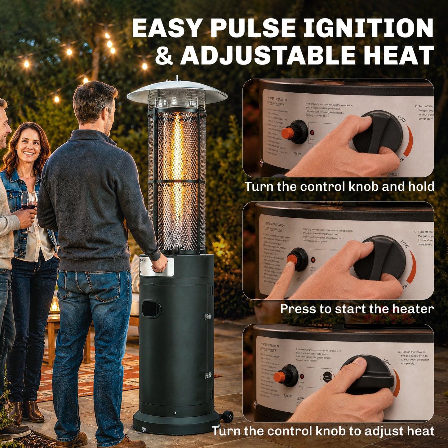 11 KW Freestanding Gas Patio Heater, Adjustable Outdoor Garden Propane Heater with Tip-Over Switch, Wheels, Pulse Ignition