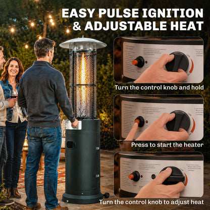 11 KW Freestanding Gas Patio Heater, Adjustable Outdoor Garden Propane Heater with Tip-Over Switch, Wheels, Pulse Ignition
