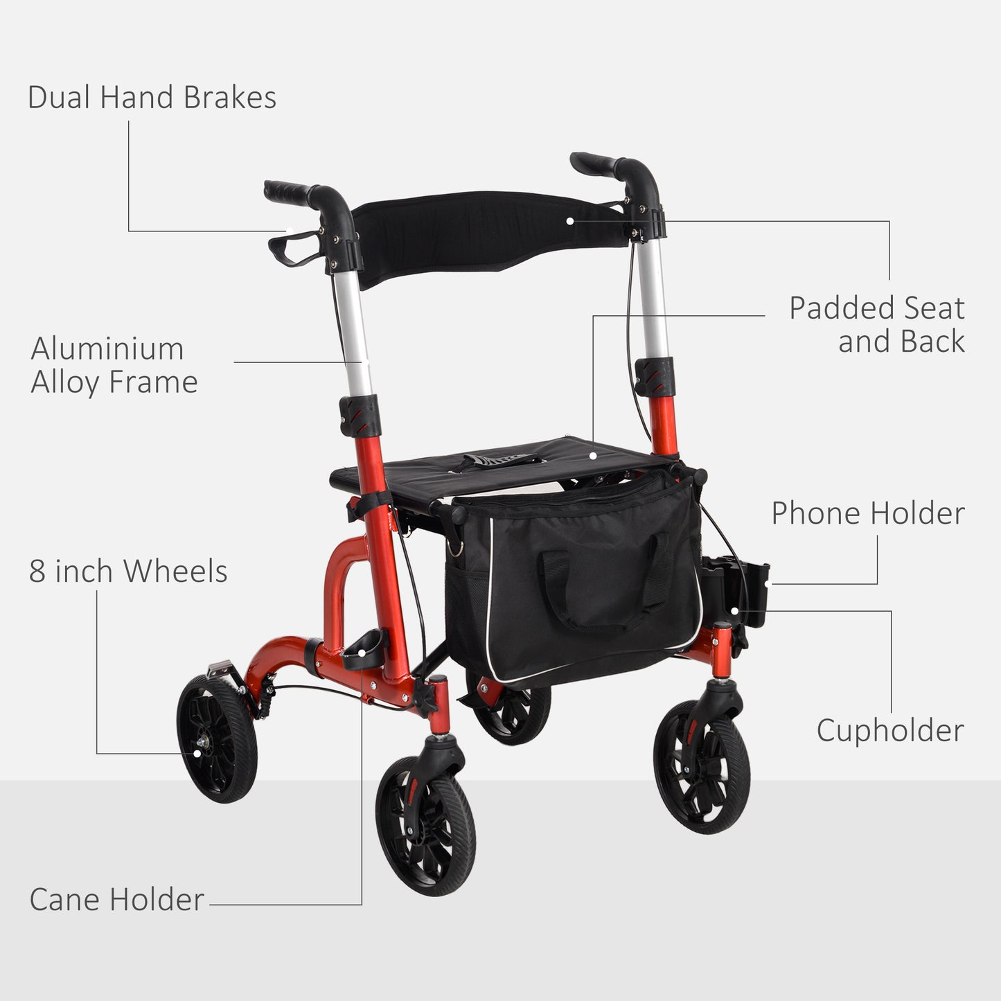 Lightweight Walking Frame, Folding Rollator Walker with Seat and Backrest, Red