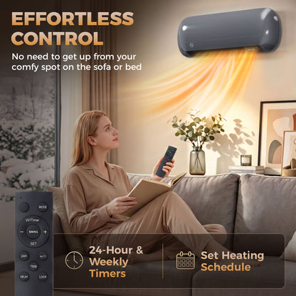 2000W Ceramic Electric Heater with Fan, Adjustable Thermostat, Wall Mounted - Grey
