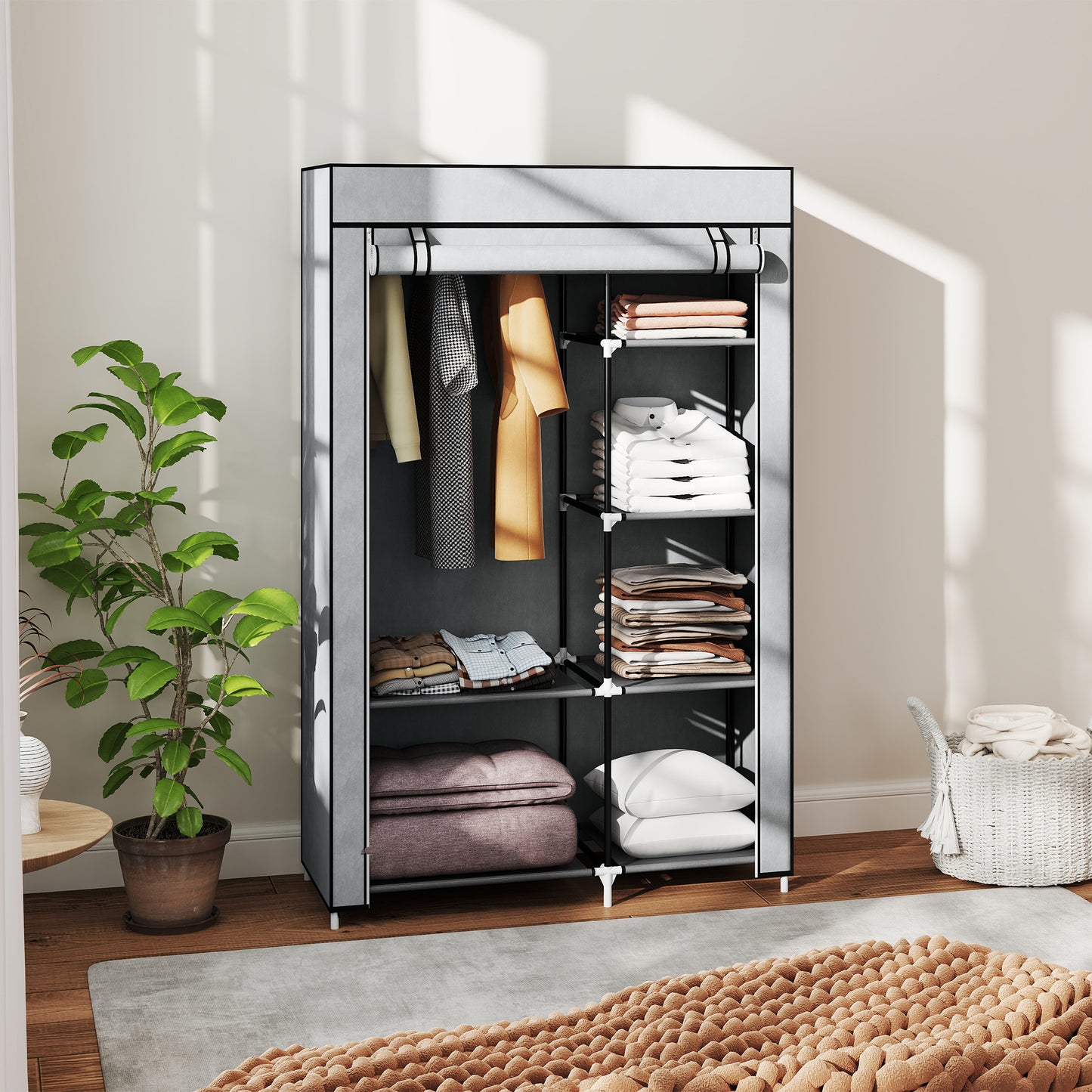 Fabric Wardrobe w/ Shelves Hanging Rail Foldable Wardrobe Light Grey