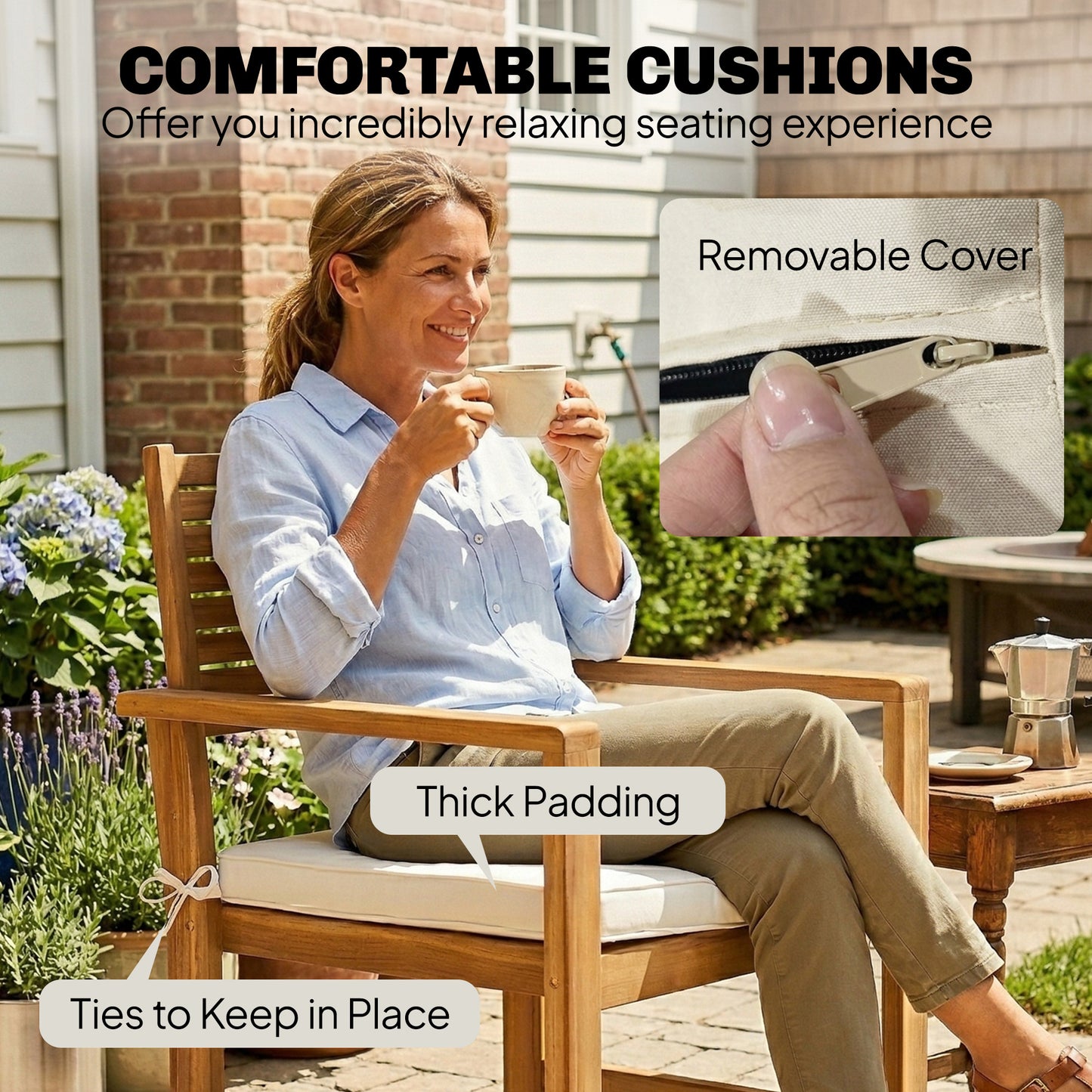 4 Seater Wooden Garden Furniture Set with Loveseat, Armchairs, Table, Acacia Wood Garden Sofa Set, Cream White