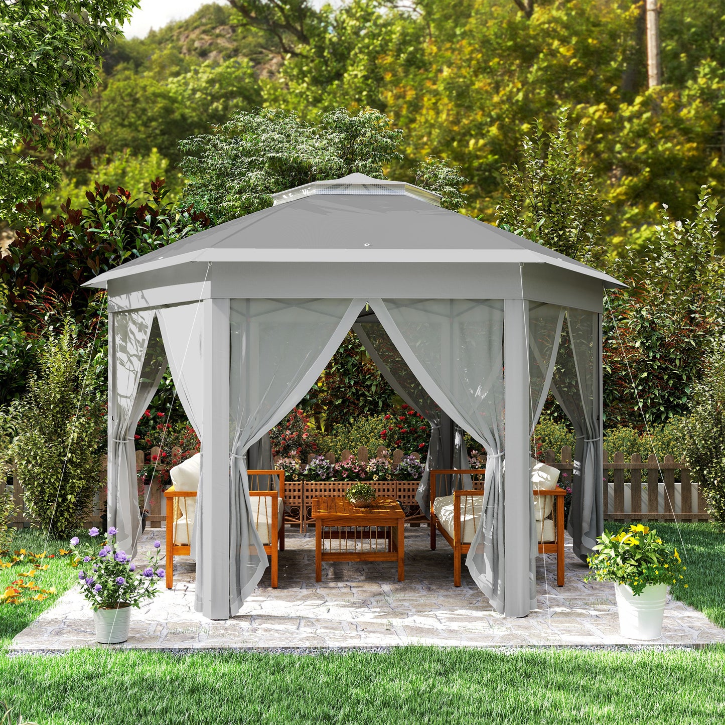 3 x 4m Garden Gazebo Hexagon Pop Up Gazebo Party Tent Canopy Double Roof Instant Shelter