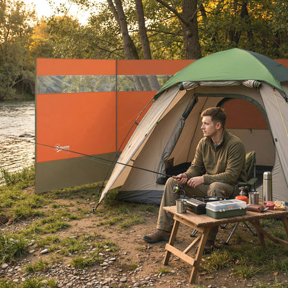 Camping Windbreaker with Clear Windows, Carry Bag and Steel Poles, for Beach Caravan Campervan, 440 x 140cm, Orange
