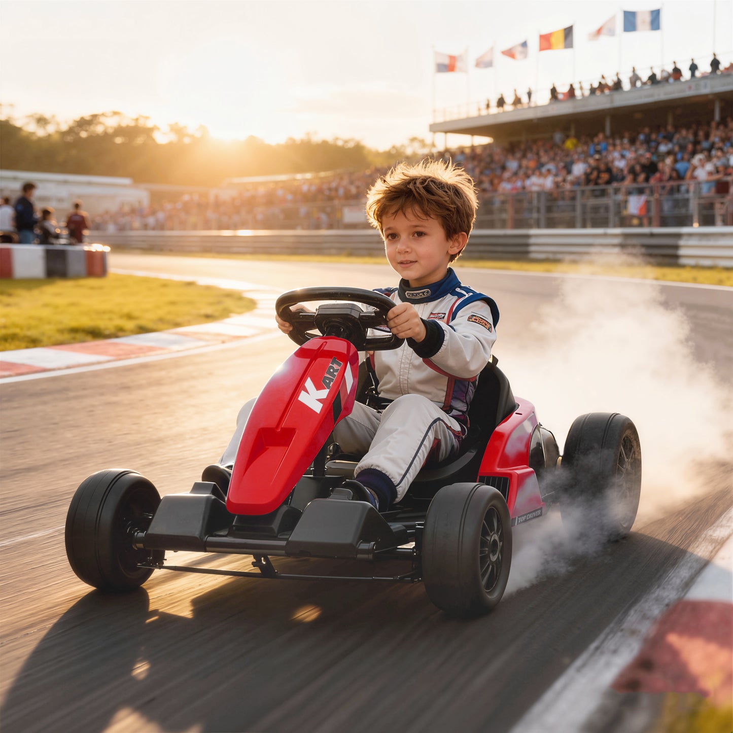 24V Electric Go Kart, Drift Kart with Adjustable Seat, Slow Start, 5-Point Harness, Music, for 6-12 Years, Red