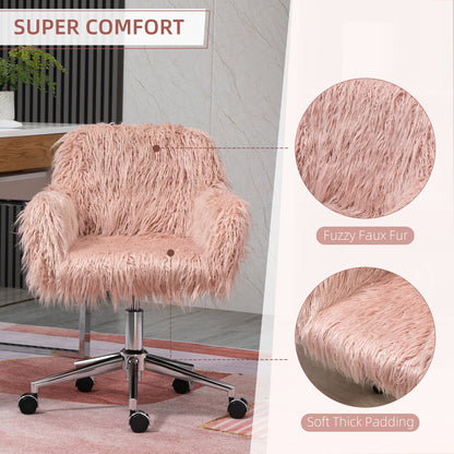 Faux Fur Desk Chair, Rolling Swivel Makeup Chair with Adjustable Height, Armrets for Home Office, Bedroom, Pink