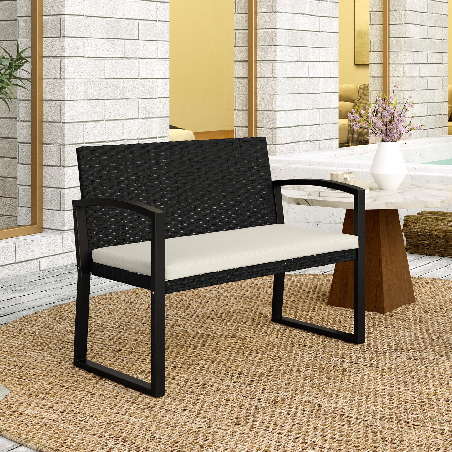 Two-Seater Rattan Garden Bench - Beige