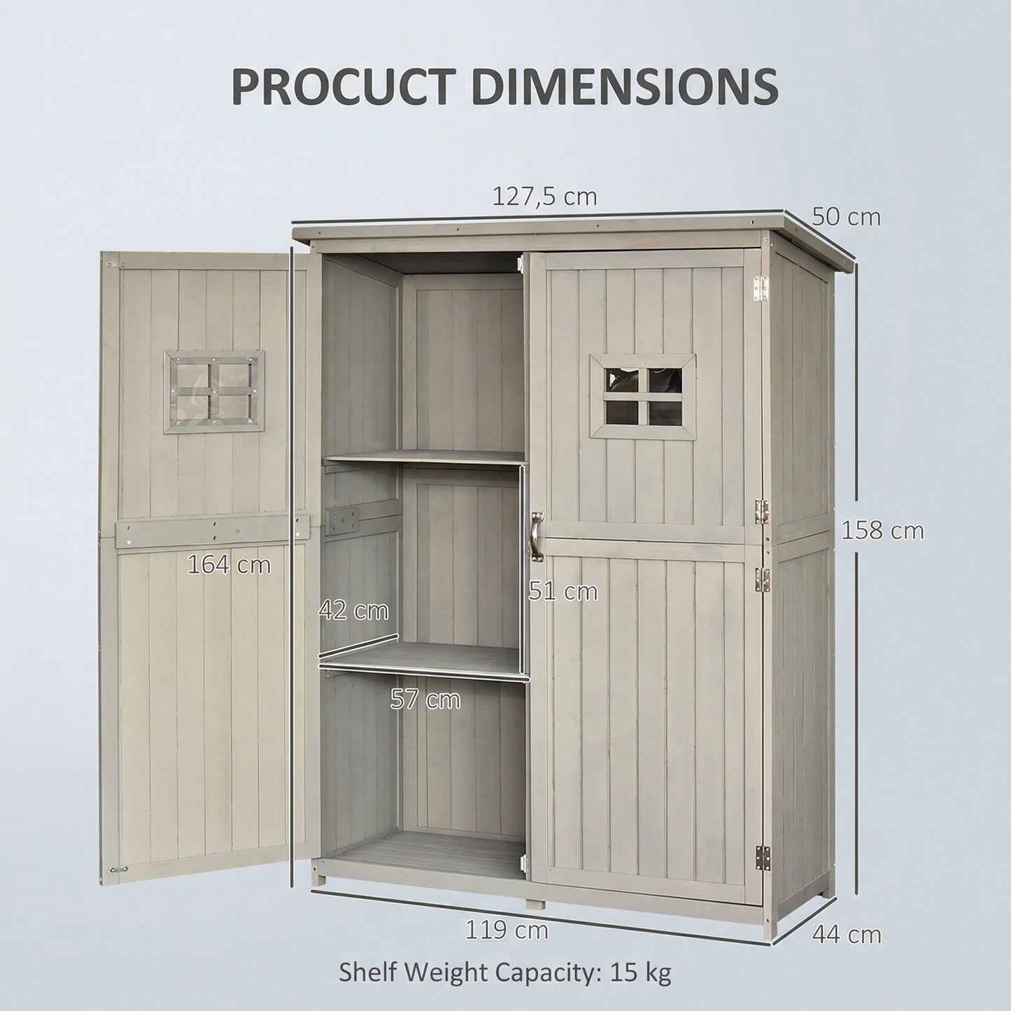 Wooden Garden Shed with Two Windows, Tool Storage Cabinet, Outdoor Double Door Organizer 127.5L x 50W x 164H cm, Grey