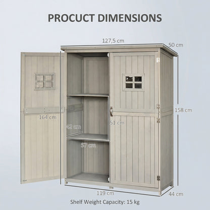 Wooden Garden Shed with Two Windows, Tool Storage Cabinet, Outdoor Double Door Organizer 127.5L x 50W x 164H cm, Grey