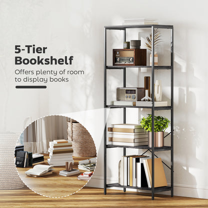 5-Tier Bookshelf, Industrial Bookcase with Metal Frame - Dark Grey and Black