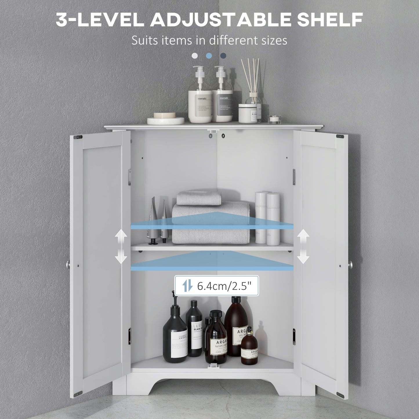 Corner Cabinet, Triangle Bathroom Storage Cabinet with Adjustable Shelf and Recessed Door, Free Standing, White