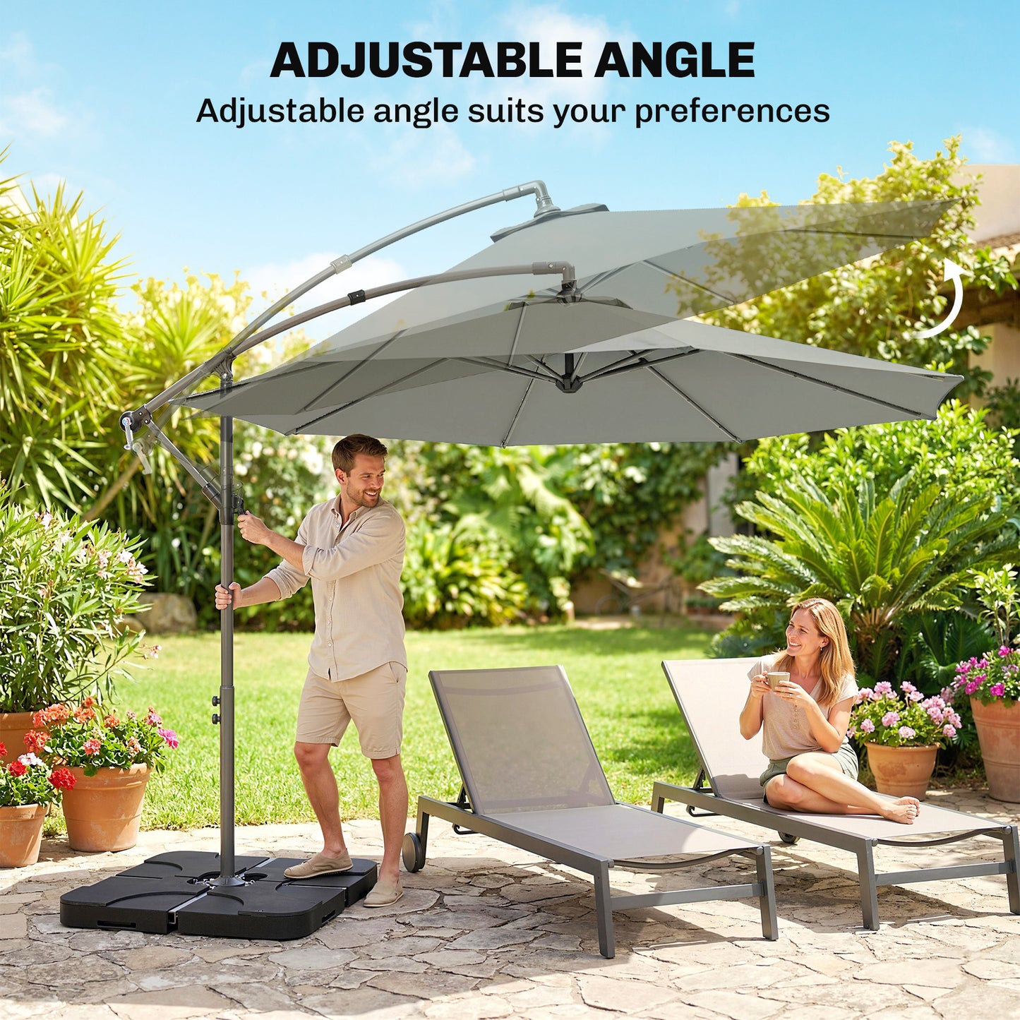 3m Overhanging Parasol, with Base, Weights and Cover - Light Grey
