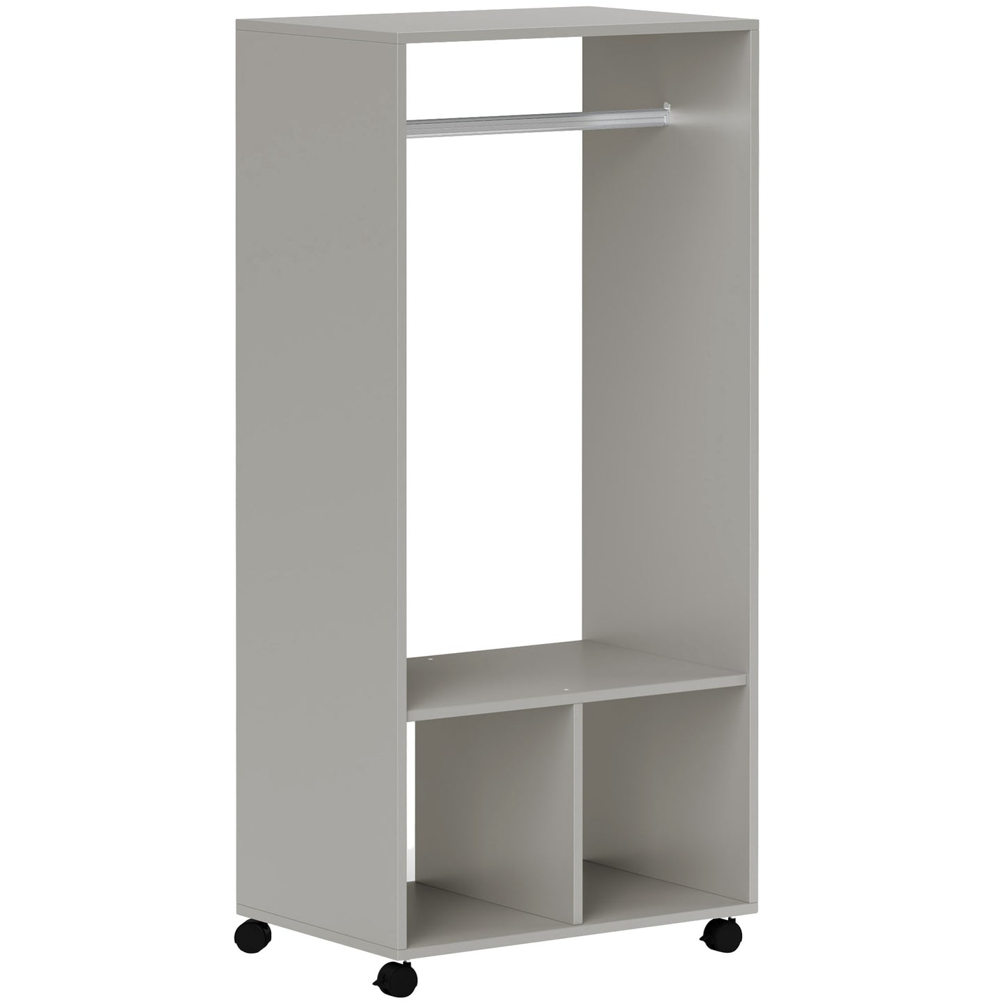 Open Wardrobe on Wheels, Bedroom Wardrobe with Clothes Hanging Rail, 2 Storage Shelves, Mobile Garment Rack for Cloakroom