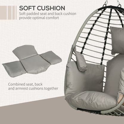 Single Rattan Hanging Egg Chair, with Seat Cushion - Grey