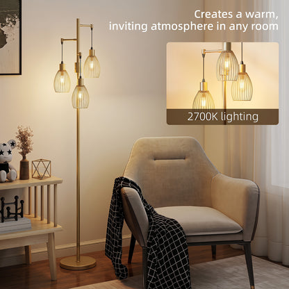 170.5cm Industrial Dimmable Standing Lamp, 3-Light Floor Lamp with Steel Wire Cage Lampshades, Gold Tone