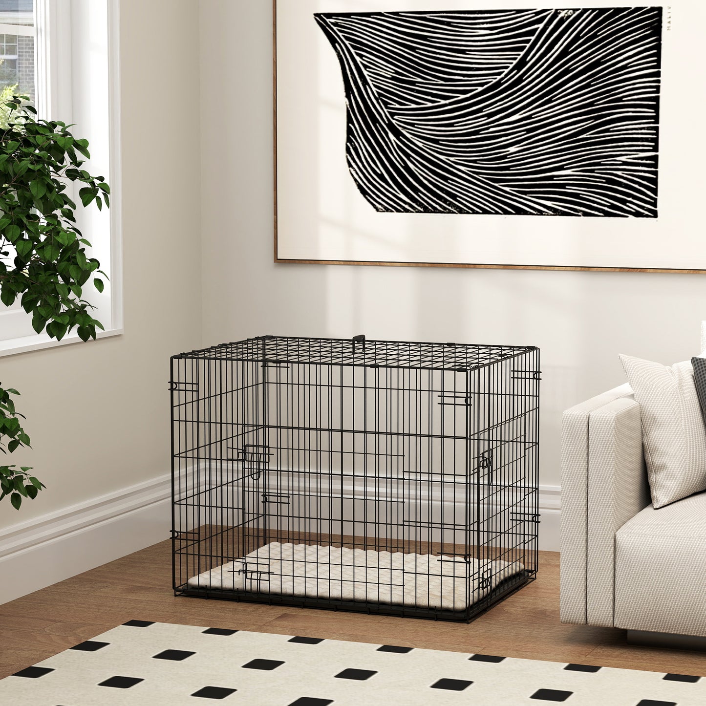 Foldable Dog Crate with 2 Doors with Tray, Soft Cushion, for Small Dogs, 75 x 49 x 53 cm, Black