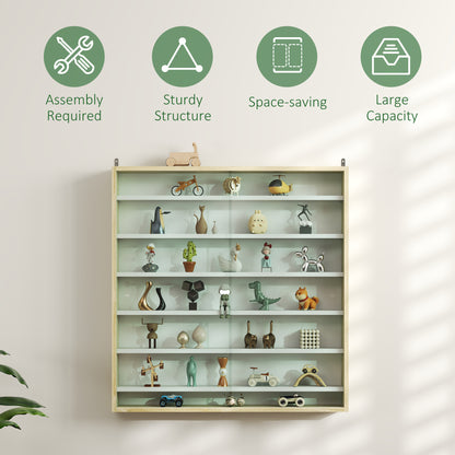 7-Tier Wall Display Shelf Unit Cabinet w/ 6 Adjustable Shelves Glass Doors Home Office Ornaments 83x80cm, Oak