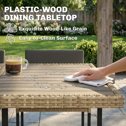 7 Piece Rattan Garden Furniture Set, Garden Dining Set with Wood-Plastic Table and 6 Stackable Chairs, Light Brown