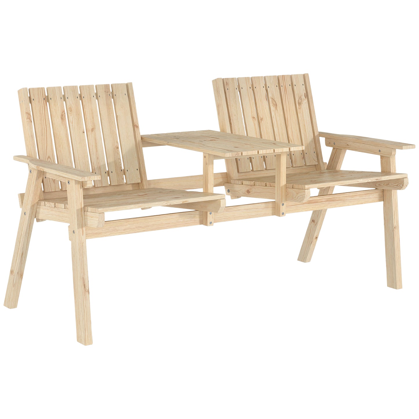 2-Seater Garden Loveseat with Table and Parasol Hole for Porch, Patio, Natural Wood Finish