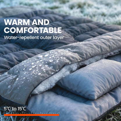 Double Sleeping Bag with 2 Pillows, 220 x 160 cm Extra-Large Sleeping Bag for Adults, Black and Grey