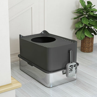 Stainless Steel Cat Litter Tray, Extra Large Enclosed Litter Box with Scoop, Top Entrance, Non-slip Pads, Dark Grey