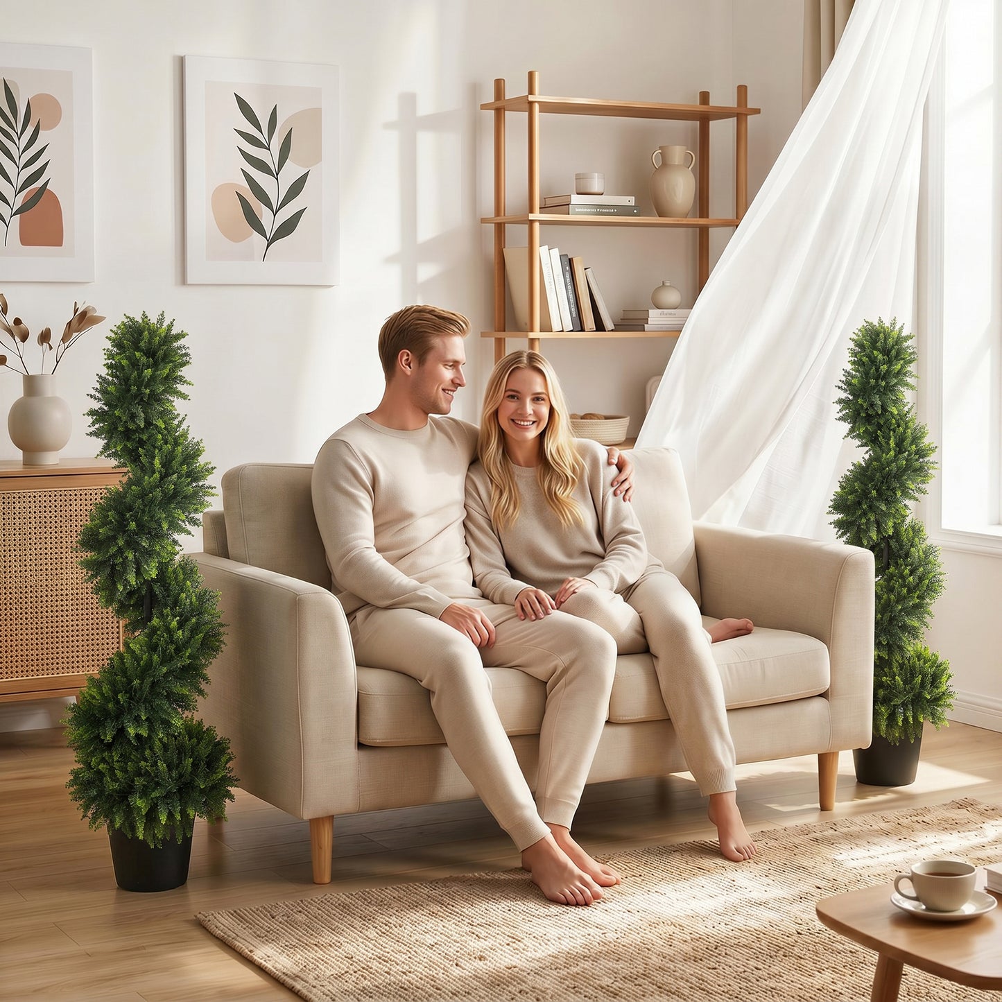 Decorative Artificial Plants Set of 2, UV Resistant Fake Plants in Pot for Indoor Outdoor Decor, 120 cm, Deep Green
