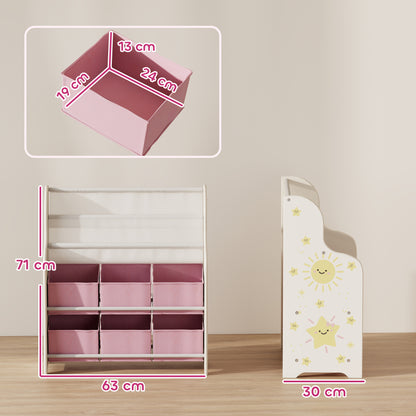 Kids Storage Unit, Toy Organiser with 6 Fabric Drawers and 2-Tier Sling Book Rack for Bedroom, Playroom, Nursery, Pink