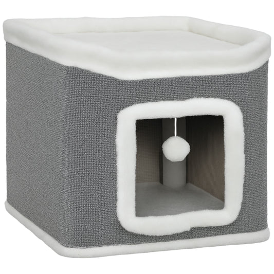 Cat House for Indoor Kittens, 2-Level Cat Cave Bed with Fluffy Balls, Top Bed, Kitten Barrel for Multi Kitties, Grey