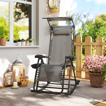 Garden Rocking Chair Folding Recliner Outdoor Adjustable Sun Lounger Rocker Zero-Gravity Seat with Headrest Side Holder Patio