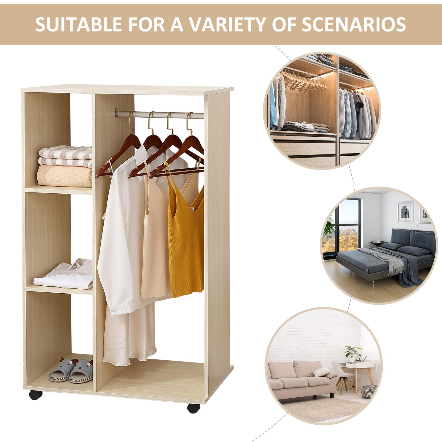 Open Wardrobe on Wheels, Bedroom Wardrobe with Clothes Hanging Rail, 3 Storage Shelves, Mobile Garment Rack for Cloakroom