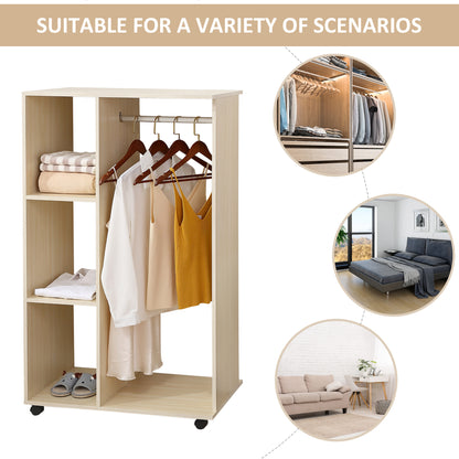 Open Wardrobe on Wheels, Bedroom Wardrobe with Clothes Hanging Rail, 3 Storage Shelves, Mobile Garment Rack for Cloakroom