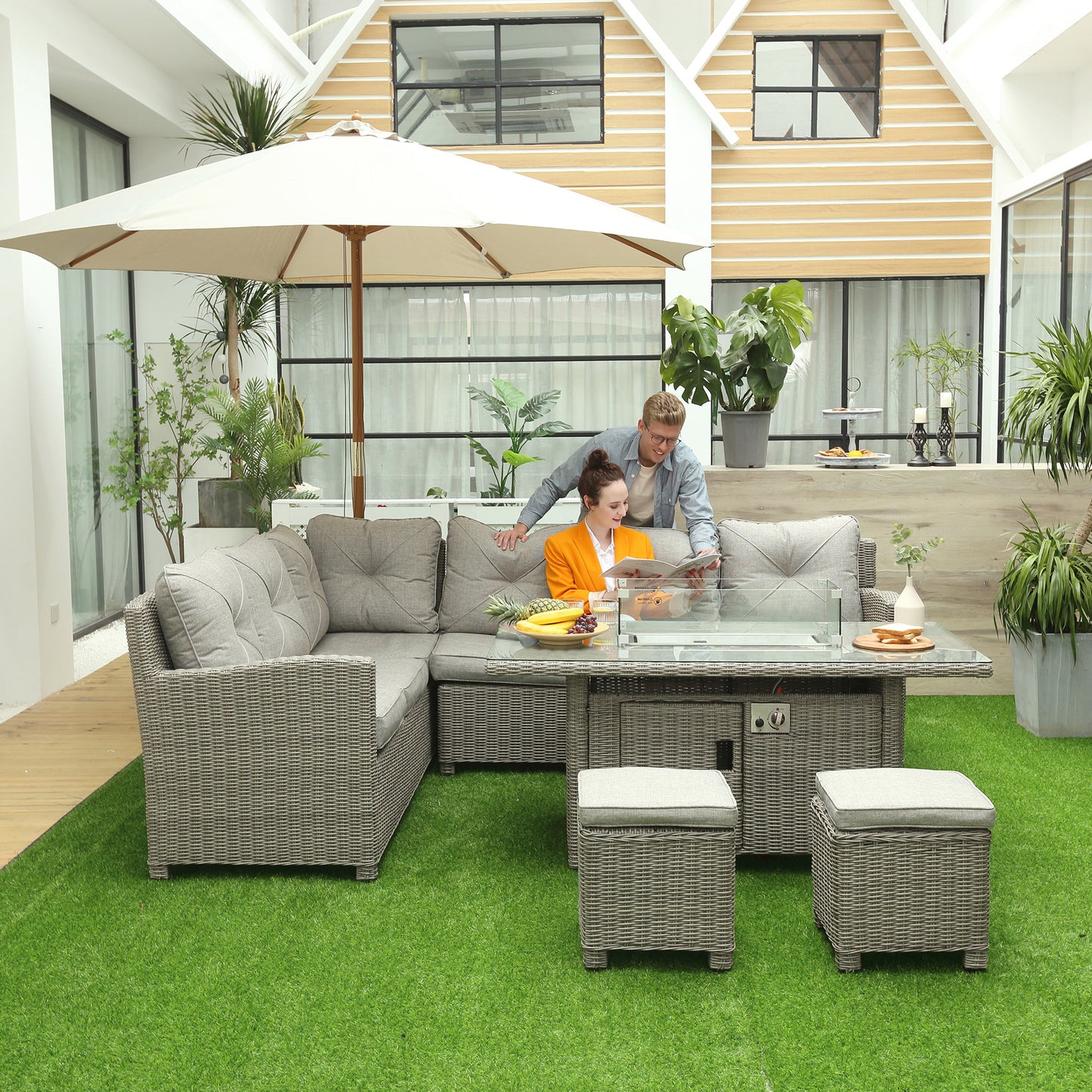 8-Seater Outdoor PE Rattan Sofa Set Conversation Set w/ Fire Pit Table, L-Shape Sofa, Footstool and Furniture Cover