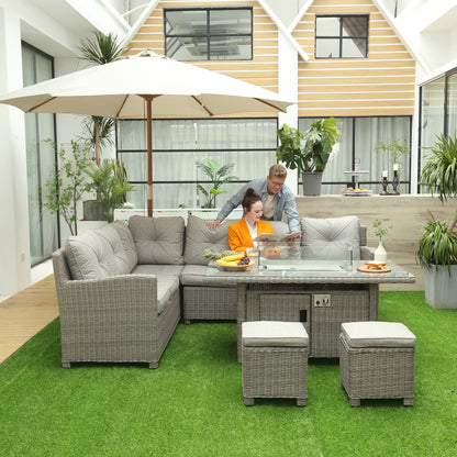 8-Seater Outdoor PE Rattan Sofa Set Conversation Set w/ Fire Pit Table, L-Shape Sofa, Footstool and Furniture Cover