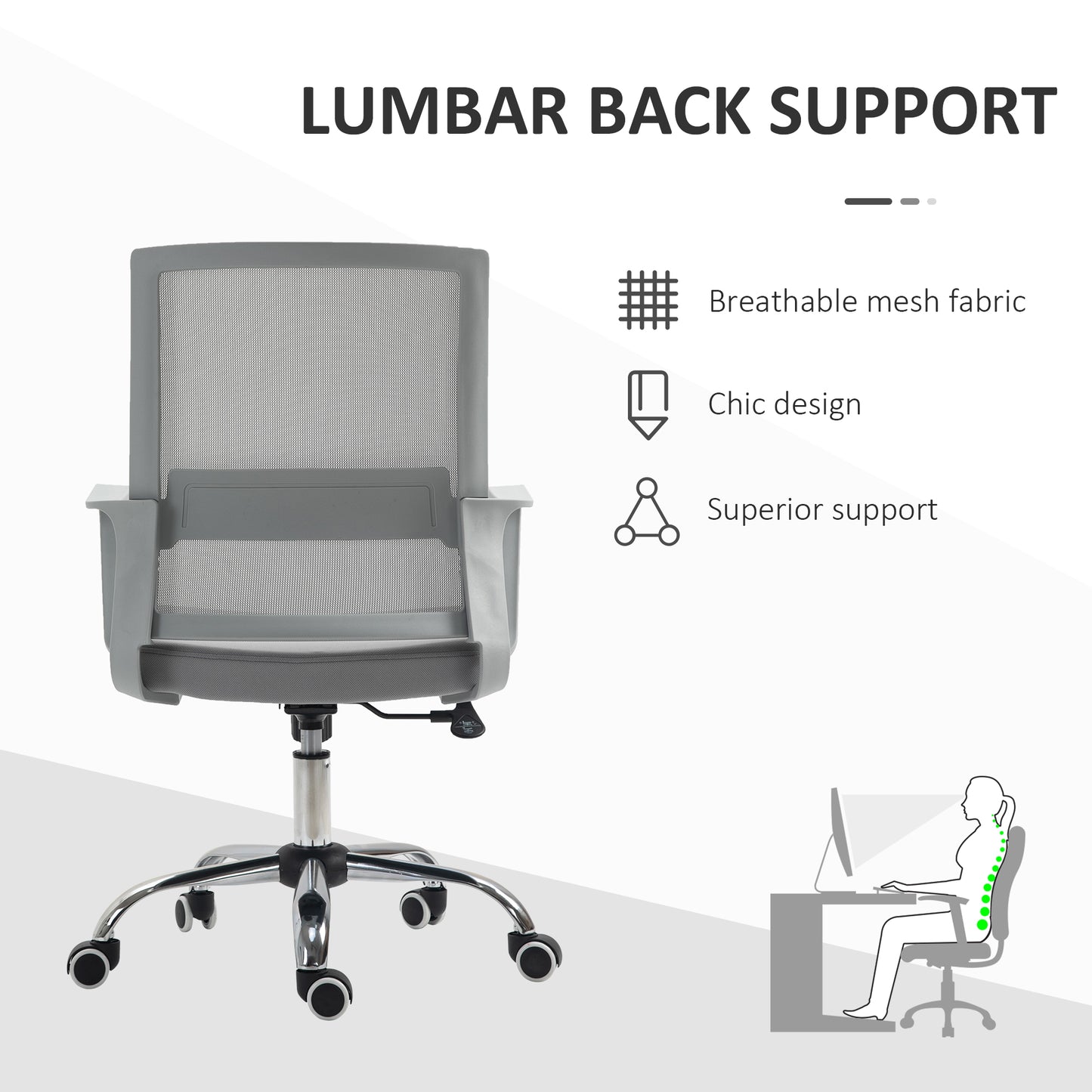 Ergonomic Desk Chair Mesh Office Chair with Adjustable Height Armrest and 360° Swivel Castor Wheels Grey