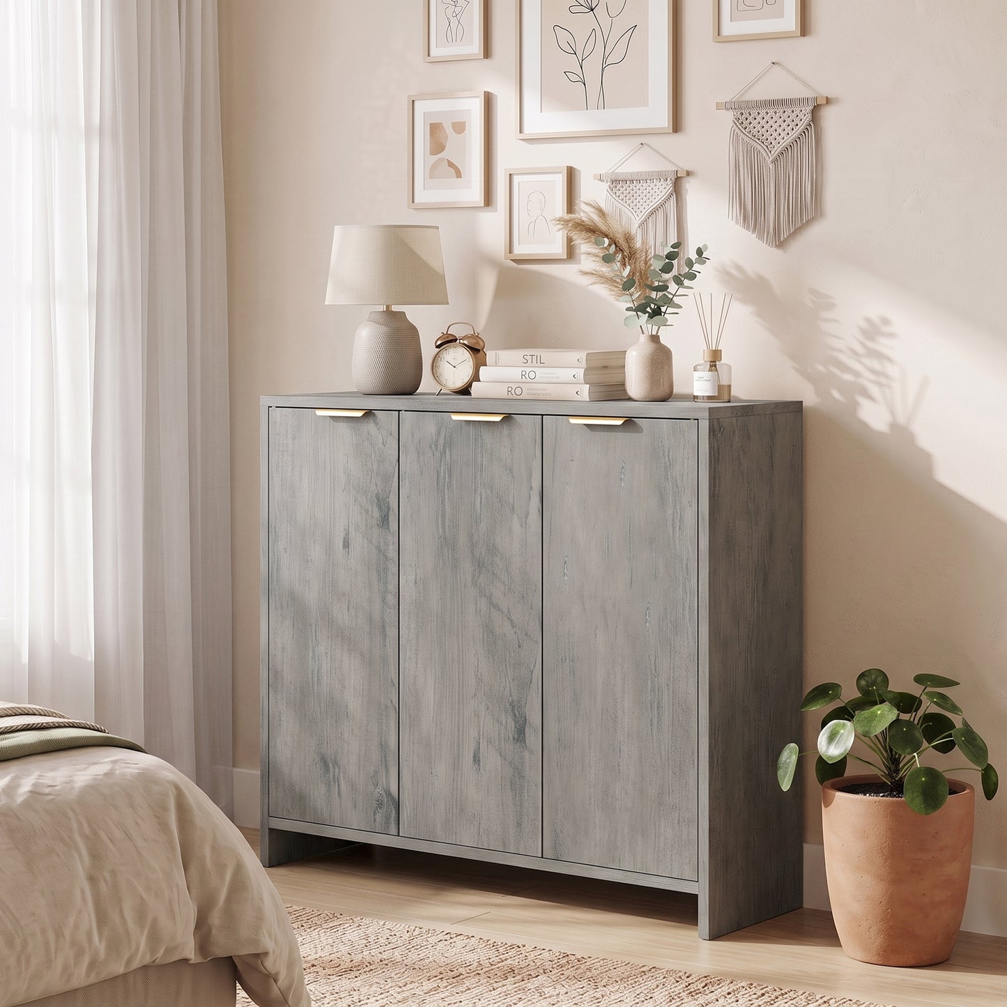 Sideboard Cabinet, Modern Storage Cabinet with 3 Doors and Adjustable Shelves for Living Room, Dining Room, Grey