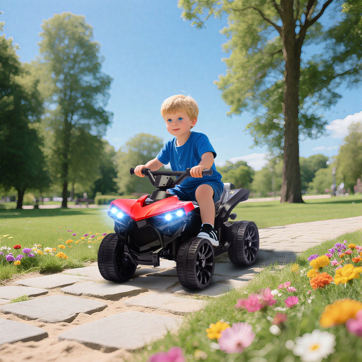 6V Kids ATV, 4 Wheeler Electric Ride on Car with Music and LED Headlights, for Ages 18-56 Months Boys and Girls, Red