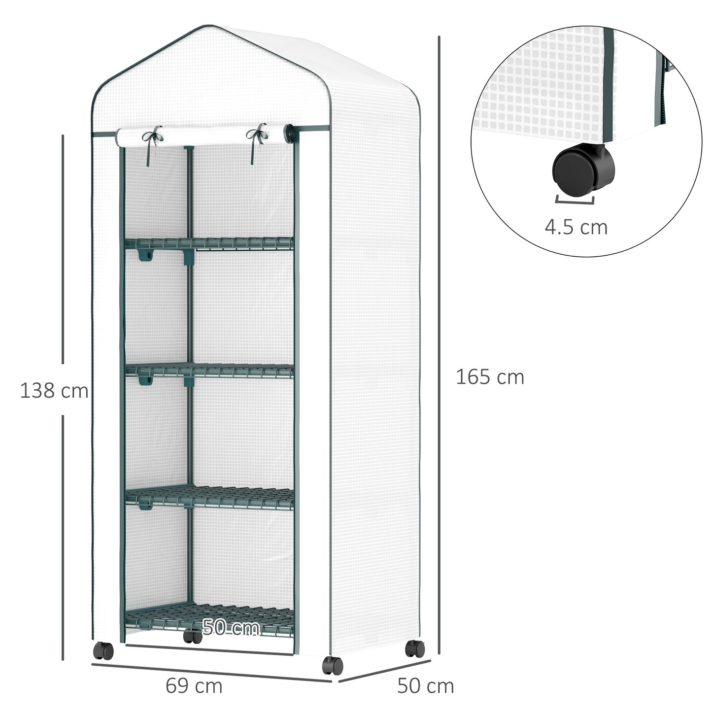 4 Tier Mini Portable Greenhouse Compact Plant Grow Shed Metal Frame PE Cover with Lockable Rolling Wheels, White