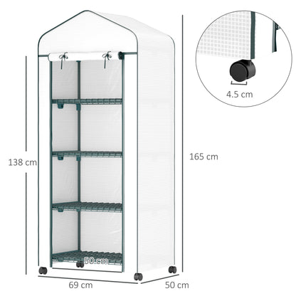 4 Tier Mini Portable Greenhouse Compact Plant Grow Shed Metal Frame PE Cover with Lockable Rolling Wheels, White